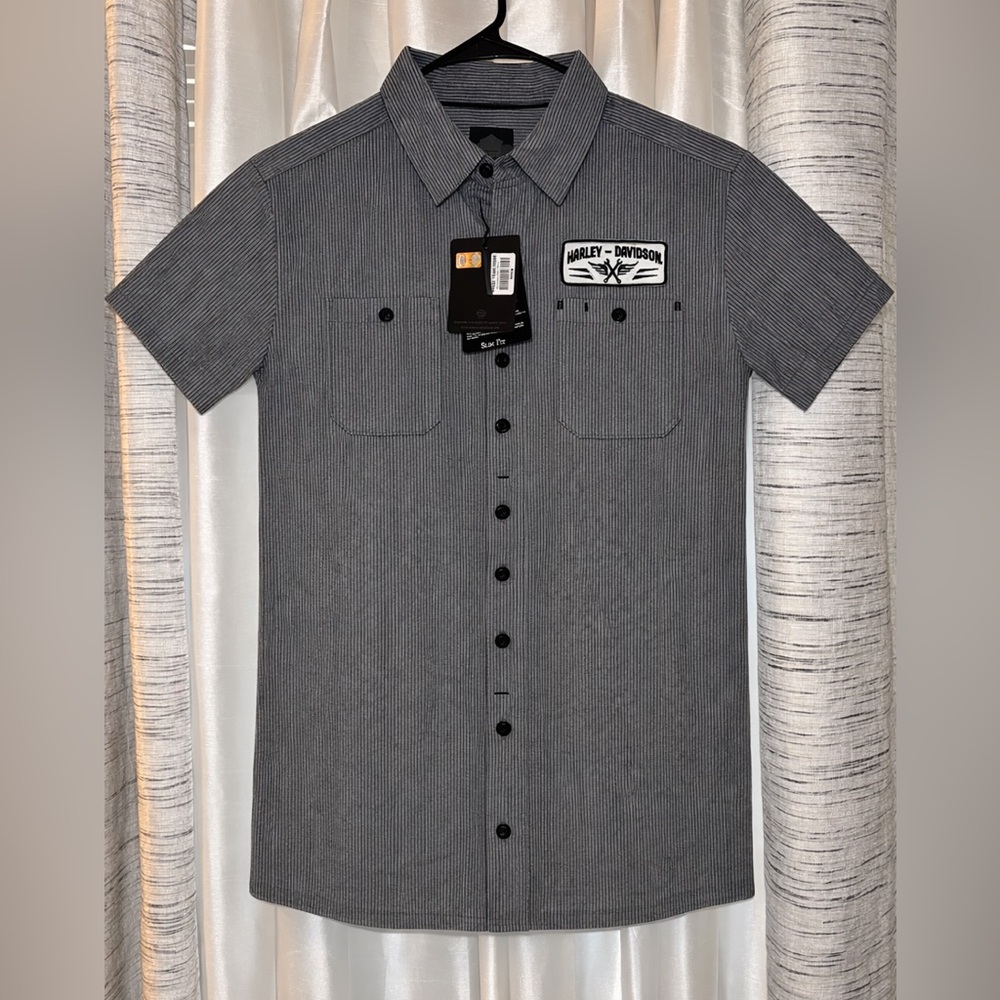 Harley-Davidson Men’s Short Sleeve Pinstripe Shirt in Gray and Black